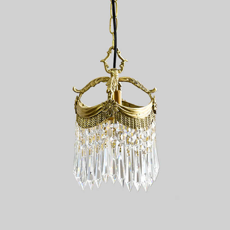 Vintage Brass Petal Relief Suspension Light avec des barres de cristal pendents 6,7 pouces de large entrée du couloir