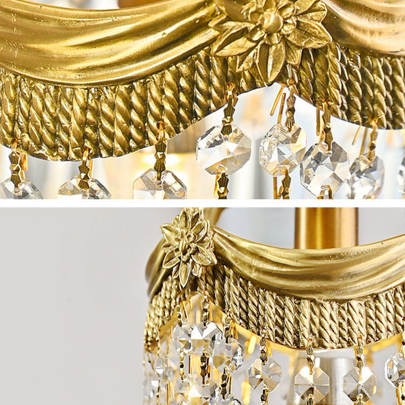 Vintage Brass Petal Relief Suspension Light avec des barres de cristal pendents 6,7 pouces de large entrée du couloir