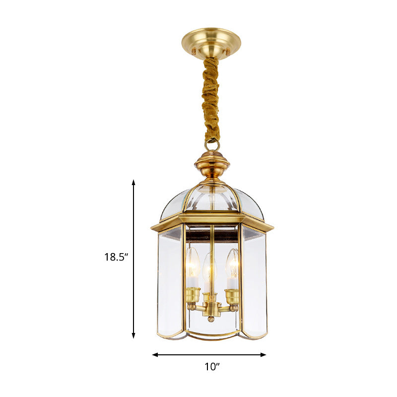 Colonial Lantern Hanging Pendant 3 Heads Clear Glass Chandelier Lighting Fixture for Hallway