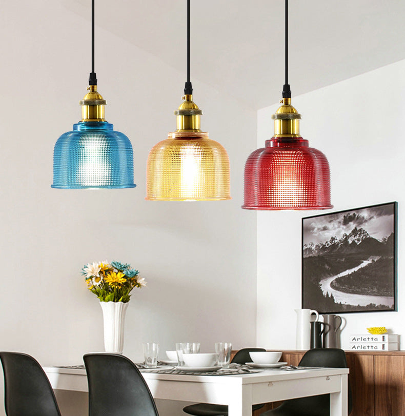 1 Light Pendant Lamp Vintage Industrial Bell Ribbed  Glass Hanging Lamp for Dining Room Table