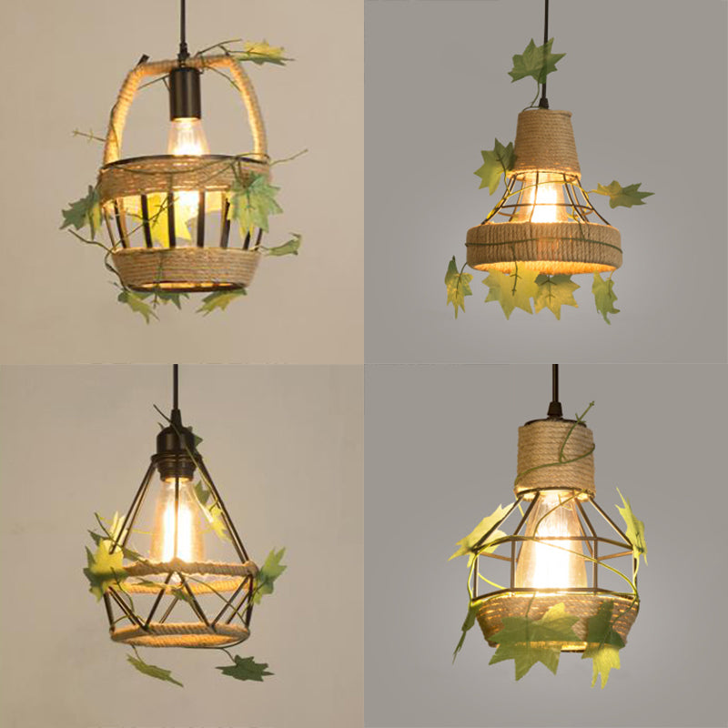 Beige 1 Light Hanging Lamp Country Style Metal and Rope Globe/Barrel Cage Pendant Lighting for Coffee Shop