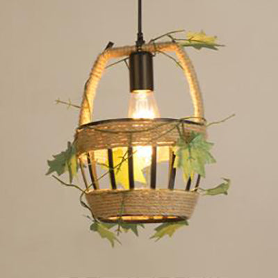 BEIGE 1 Light Hanging Lampy Style Country Metal and Rope Globe / Barrel Cage Pendant Lighting For Coffee Shop