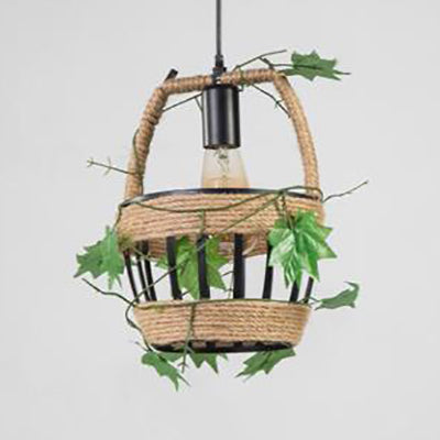 Beige 1 Light Hanging Lampada in stile Country Metal and Rope Globe/Barrel Cage Cioncant Lighting for Coffee Shop