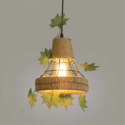 BEIGE 1 Light Hanging Lampy Style Country Metal and Rope Globe / Barrel Cage Pendant Lighting For Coffee Shop