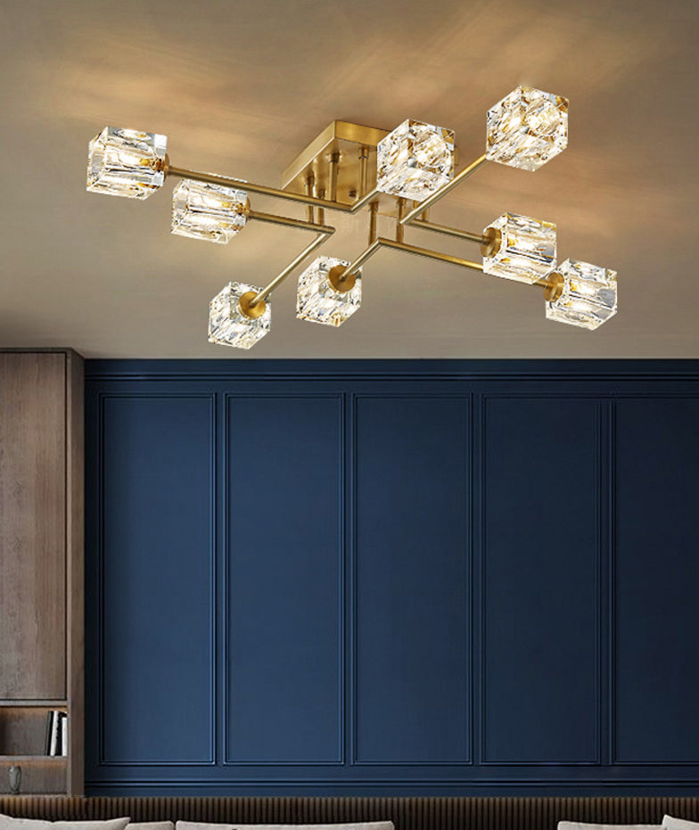 Square Crystal Shade LED Semi Flush Mount en plafond de style de luxe moderne avec bande de cuivre