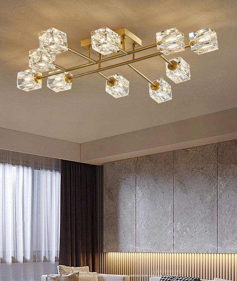 Square Crystal Shade LED Semi Flush Mount in Modern Luxury Style Ceiling Light with Copper Strip