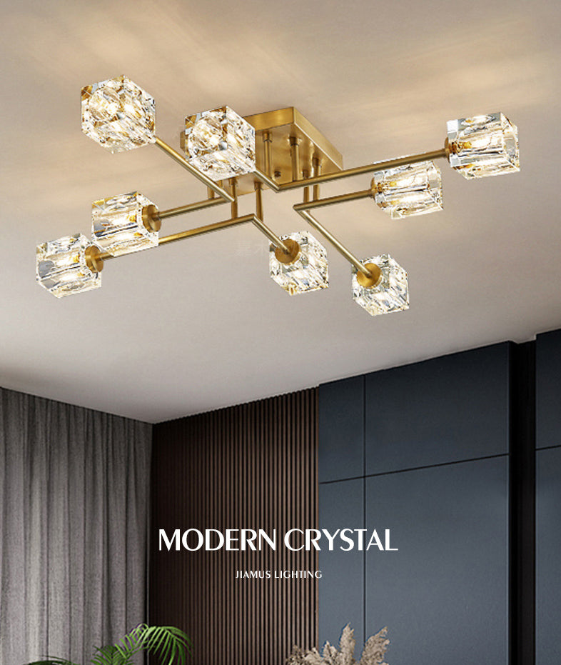 Square Crystal Shade LED Semi Flush Mount in Modern Luxury Style Ceiling Light with Copper Strip