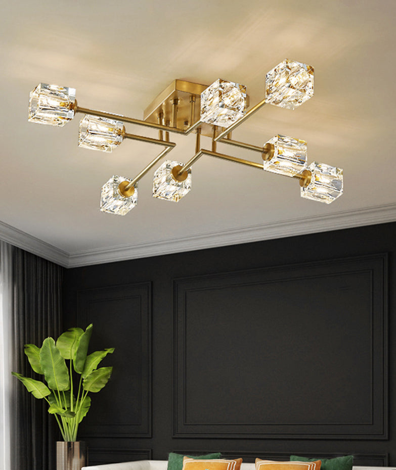 Square Crystal Shade LED Semi Flush Mount en plafond de style de luxe moderne avec bande de cuivre