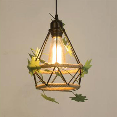 BEIGE 1 Light Hanging Lampy Style Country Metal and Rope Globe / Barrel Cage Pendant Lighting For Coffee Shop