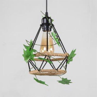 Beige 1 Light Hanging Lamp Country Style Metal and Rope Globe/Barrel Cage Pendant Lighting for Coffee Shop