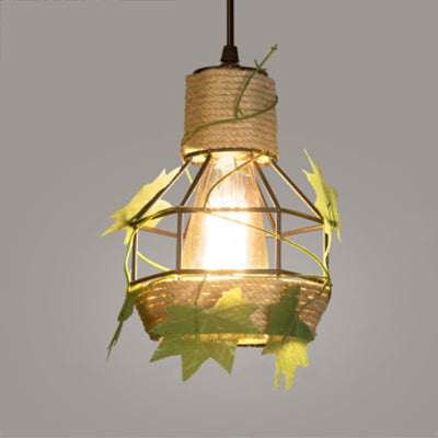 Beige 1 Light Hanging Lamp Country Style Metal and Rope Globe/Barrel Cage Pendant Lighting for Coffee Shop