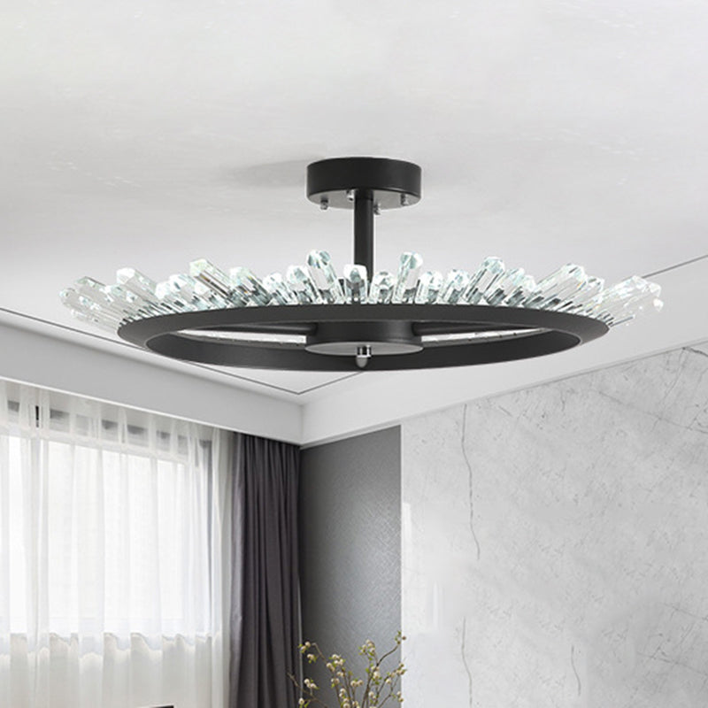 LED Semi Flush Mount Light Modern Circle Crystal Rod Ceiling Light Fixture in Black