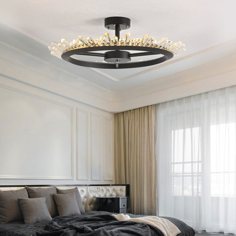 LED Semi Flush Mount Light Modern Circle Crystal Rod Ceiling Light Fixture in Black