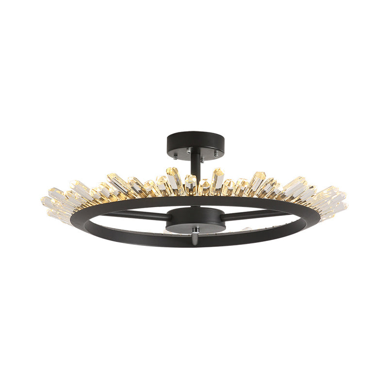 LED Semi Flush Mount Light Modern Circle Crystal Rod Ceiling Light Fixture in Black