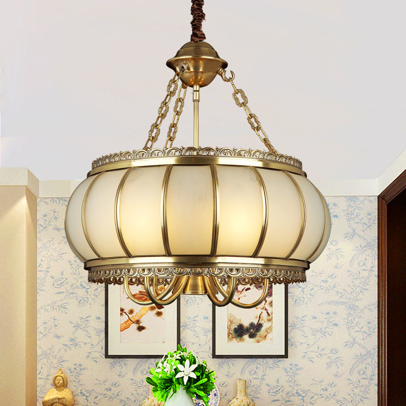 Drum Living Room Pendant Chandelier Colonial Opal Blown Glass 4 Heads Brass Hanging Ceiling Light