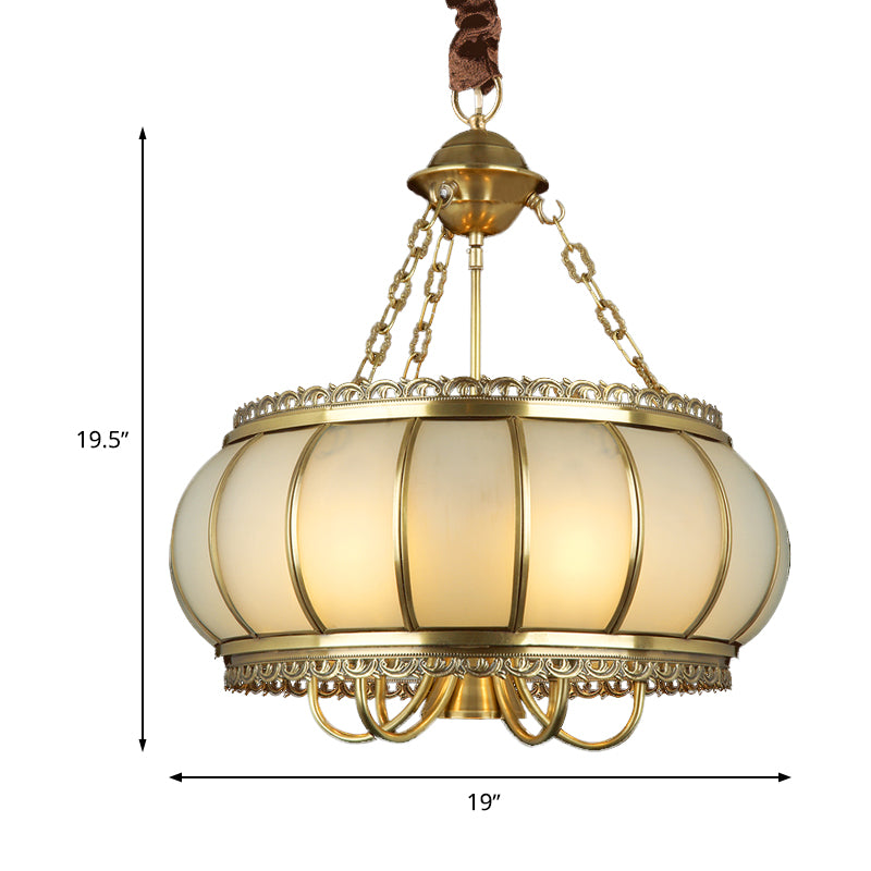 Drum Living Room Pendant Chandelier Colonial Opal Blown Glass 4 Heads Brass Hanging Ceiling Light