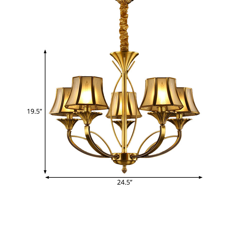 Gold Flared Kronleuchter Kolonisation Frostiertes weißes Glas 5/6/8 Köpfe Wohnzimmer Anhänger Licht mit gebogenem Metallarm