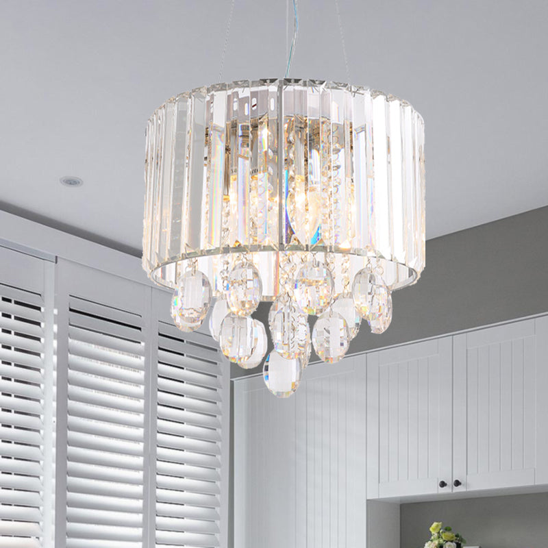 Clear Crystal Rod Drum Hanging Lamp Contemporary 6 Heads Chandelier Pendant Light