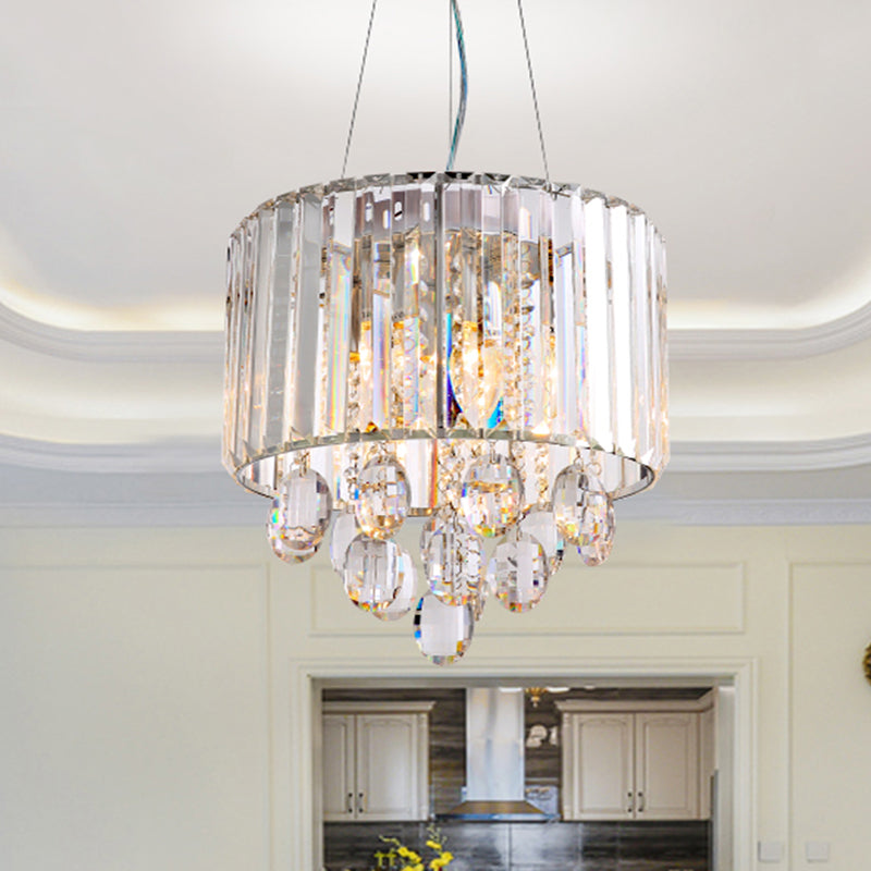 Clear Crystal Rod Drum Hanging Lamp Contemporary 6 Heads Chandelier Pendant Light