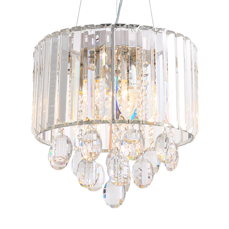 Clear Crystal Rod Drum Hanging Lamp Contemporary 6 Heads Chandelier Pendant Light