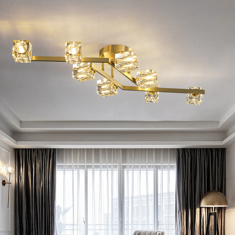 Modern Luxury Style LED Semi Flush Mount Polished Brass Indooe Ceiling Light with Crystal Shade