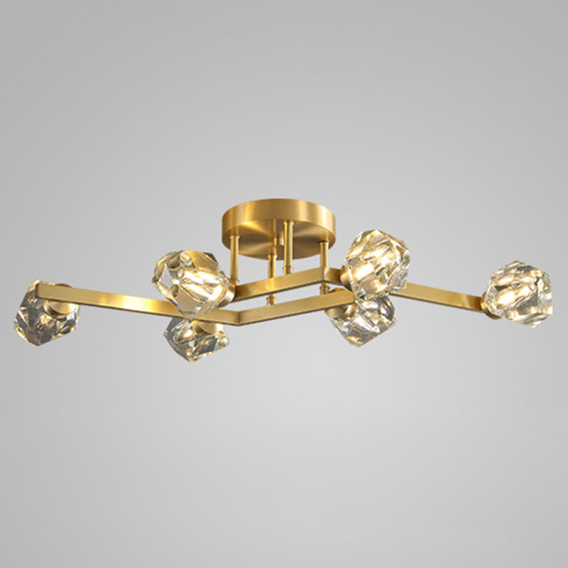 Modern Luxury Style LED Semi Flush Mount Polished Brass Indooe Ceiling Light with Crystal Shade