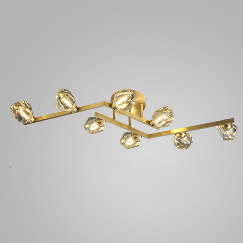 Modern Luxury Style LED Semi Flush Mount Polished Brass Indooe Ceiling Light with Crystal Shade