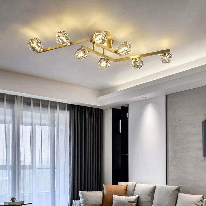 Modern Luxury Style LED Semi Flush Mount Polished Brass Indooe Ceiling Light with Crystal Shade