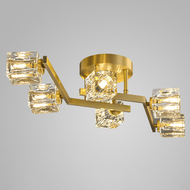 Modern Luxury Style LED Semi Flush Mount Polished Brass Indooe Ceiling Light with Crystal Shade