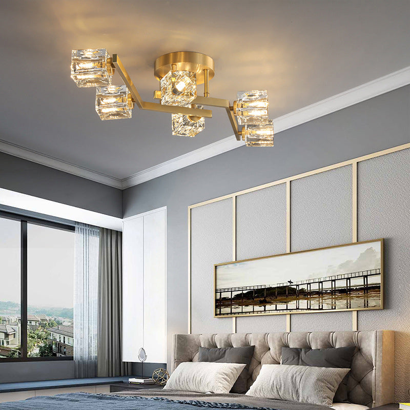 Modern Luxury Style LED Semi Flush Mount Polished Brass Indooe Ceiling Light with Crystal Shade