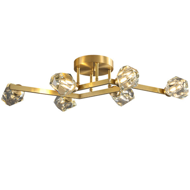 Modern Luxury Style LED Semi Flush Mount Polished Brass Indooe Ceiling Light with Crystal Shade