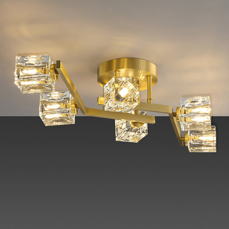 Modern Luxury Style LED Semi Flush Mount Polished Brass Indooe Ceiling Light with Crystal Shade