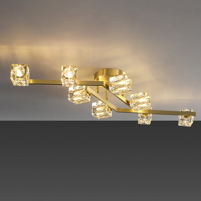 Modern Luxury Style LED Semi Flush Mount Polished Brass Indooe Ceiling Light with Crystal Shade