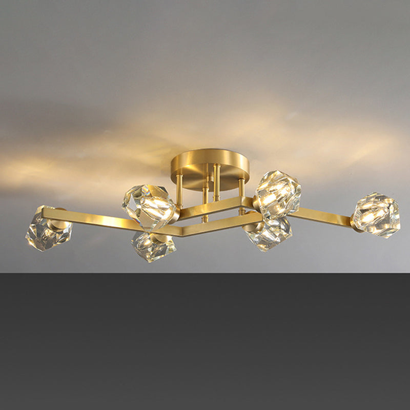 Modern Luxury Style LED Semi Flush Mount Polished Brass Indooe Ceiling Light with Crystal Shade