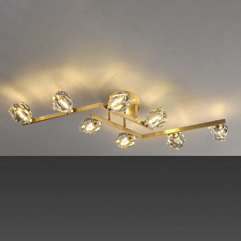 Modern Luxury Style LED Semi Flush Mount Polished Brass Indooe Ceiling Light with Crystal Shade