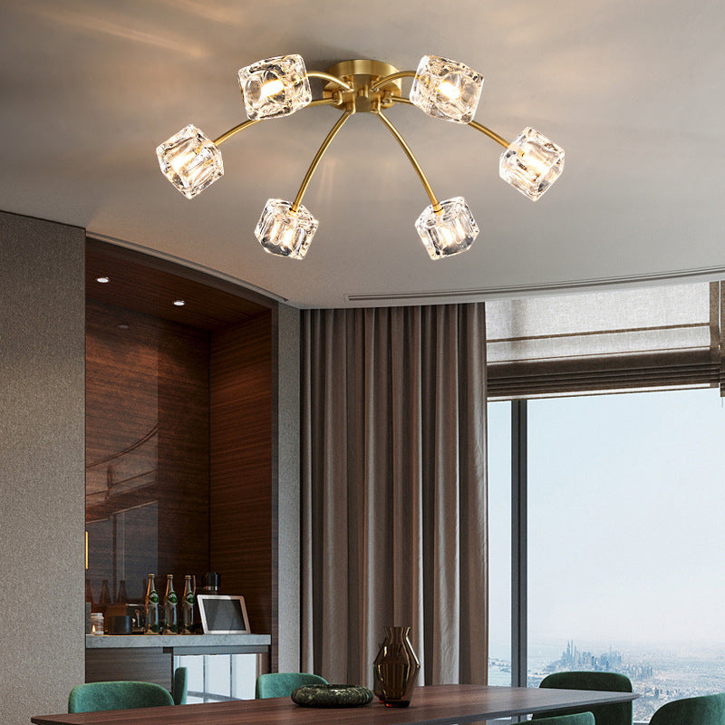 Crystal Glass Shade Semi Flush Ceiling Light in Modern Luxury Style Copper LED Flush Mount