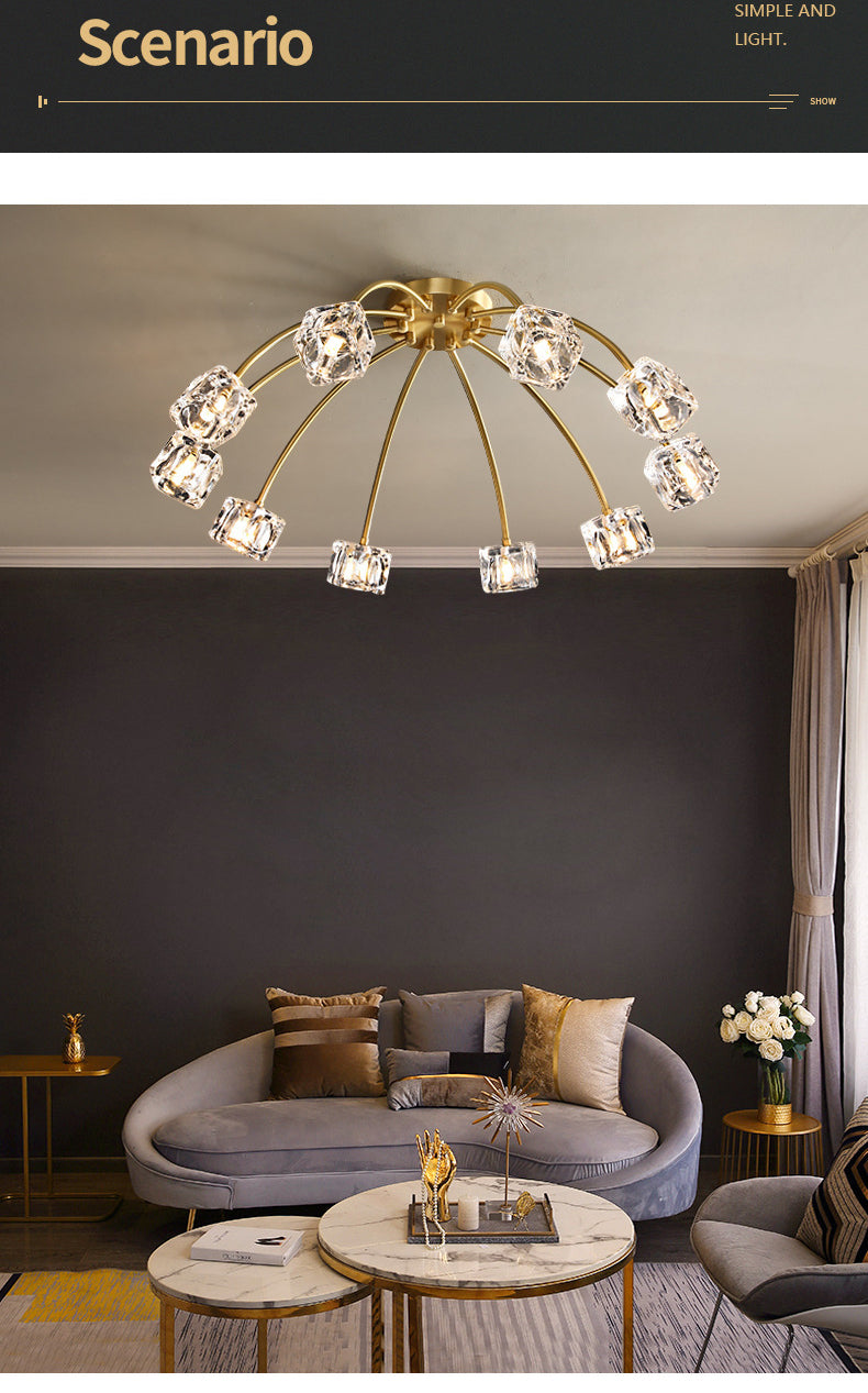 Crystal Glass Shade Semi Flush Ceiling Light in Modern Luxury Style Copper LED Flush Mount