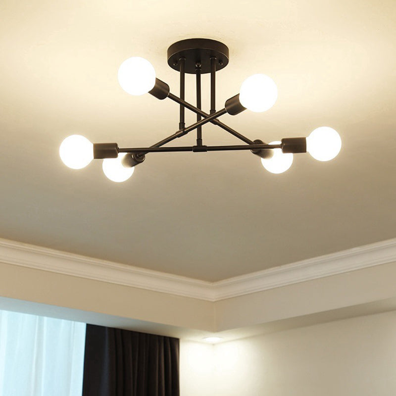 6-Light Semi Flush Mount in Wrought Iron Industrial Style Sputnik Metal Ceiling Fixture for Living Room