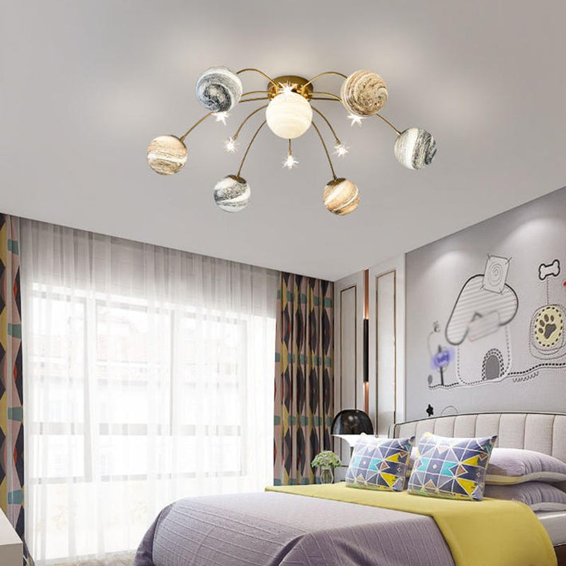 13- Light LED Flush Mount in Modern Unique Style Radial Metal Ceiling Light with Chromatic Planet Glass Shade