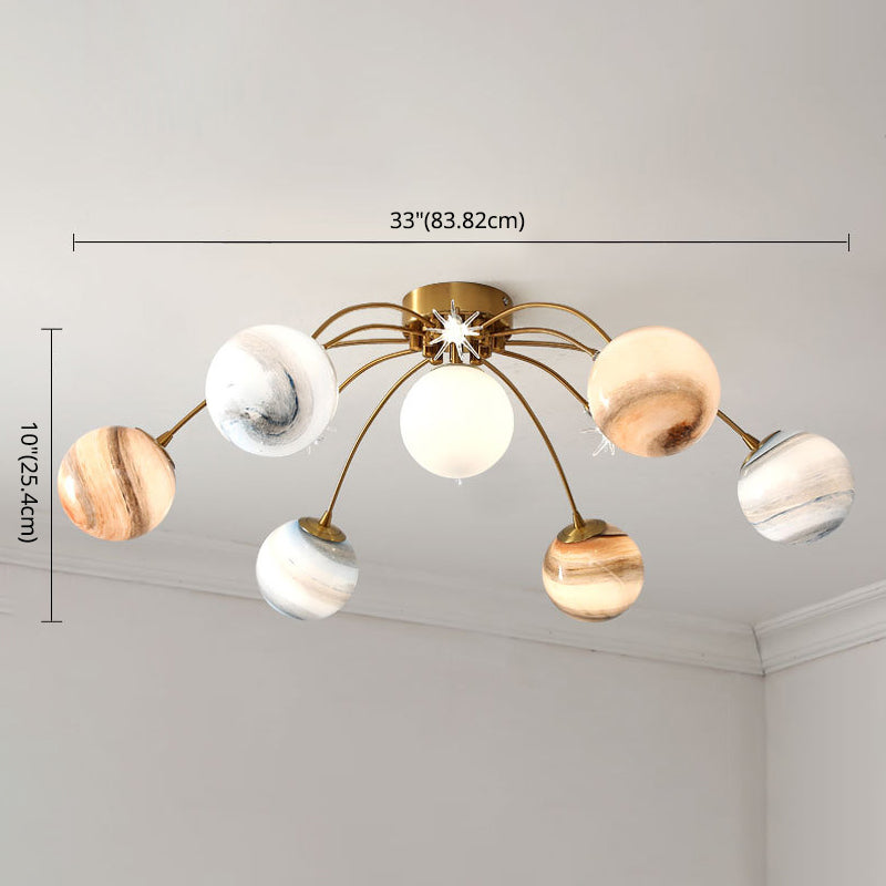 13- Light LED Flush Mount in Modern Unique Style Radial Metal Ceiling Light with Chromatic Planet Glass Shade