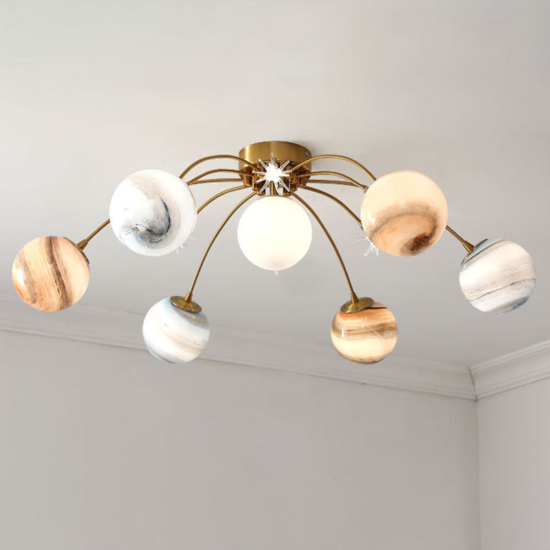 13- Light LED Flush Mount in Modern Unique Style Radial Metal Ceiling Light with Chromatic Planet Glass Shade