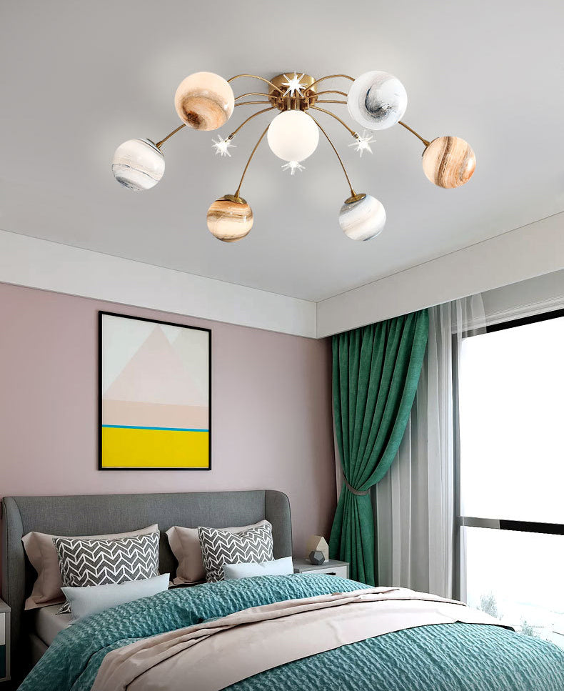 13- Light LED Flush Mount in Modern Unique Style Radial Metal Ceiling Light with Chromatic Planet Glass Shade