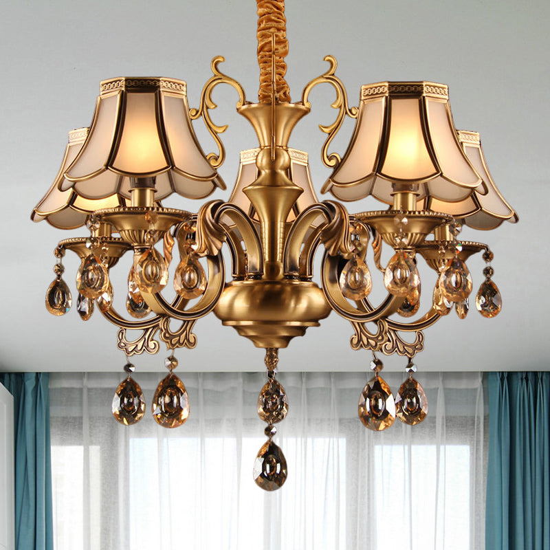 Colonial Scalloped Hanging Chandelier 5/6/8 Lights White Frosted Glass Down Lighting Pendant in Gold with Crystal Drop