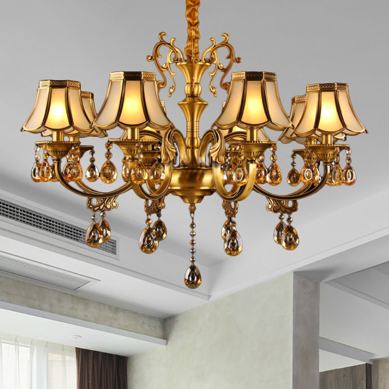 Colonial Scalloped Hanging Chandelier 5/6/8 Lights White Frosted Glass Down Lighting Pendant in Gold with Crystal Drop