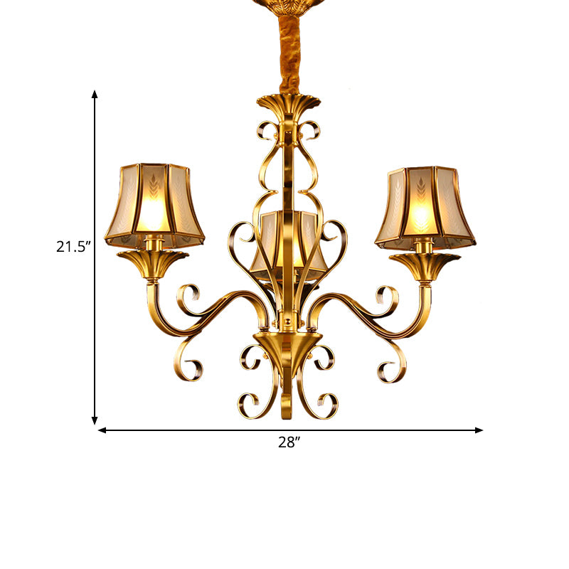 Gebogen arm metalen plafond kroonluchter kolonialisme 3/5/6 koppen woonkamer suspensie lamp in goud met beige matglass glazen klok schaduw
