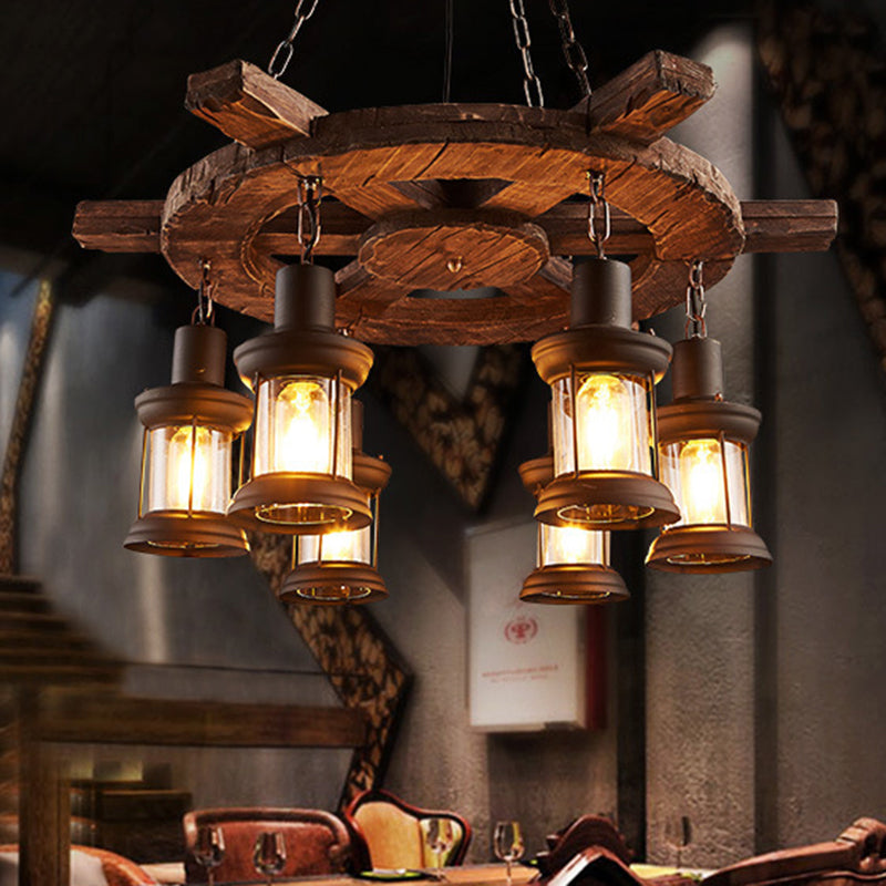 Cylindrical Pendant Industrial Wood Ceiling Pendant with Hanging Chain for Bar