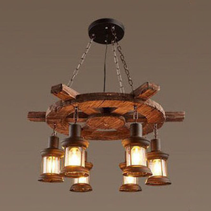 Cylindrical Pendant Industrial Wood Ceiling Pendant with Hanging Chain for Bar