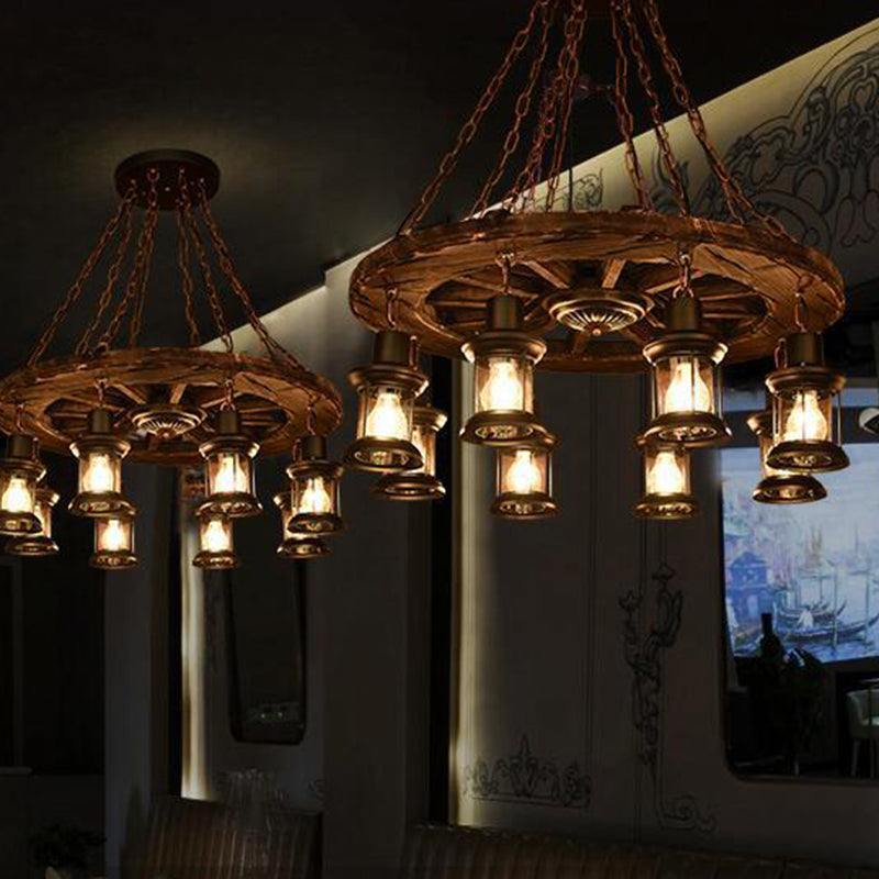 Cylindrical Pendant Industrial Wood Ceiling Pendant with Hanging Chain for Bar