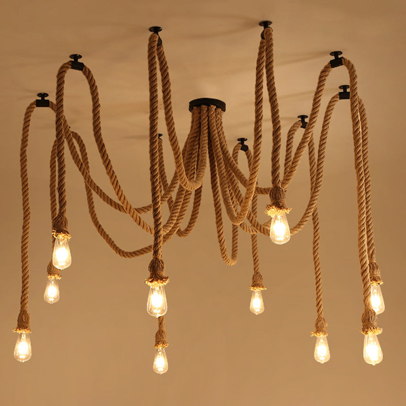 Spider Shaped Hemp Rope Pendant Country Style Restaurant Ceiling Hang Light in Beige