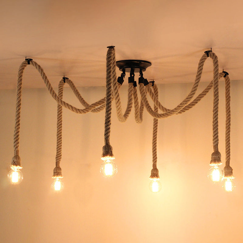 Spider Shaped Hemp Rope Pendant Country Style Restaurant Ceiling Hang Light in Beige